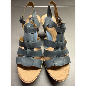 BOC Born Concept Blue Leather Strappy Cork Wedge Sandals‎ BC4704 Womens 8
